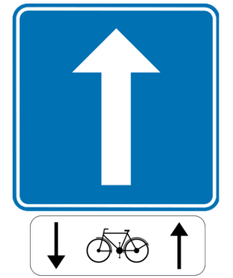 Straße mit Einbahnverkehr, ausgenommen Radfahrer.
